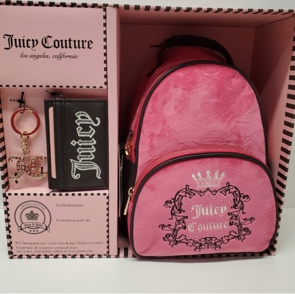 🔹️Juicy Couture🔹️ 3PC Mini Pink Backpack Gift Box Set Heritage Card Case Key - Picture 1 of 6